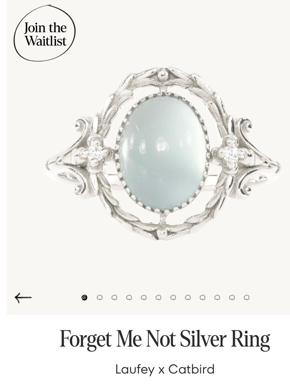 Sold out Laufey x Catbird 'Forget Me Not' Silver Ring with Pale Blue Stone